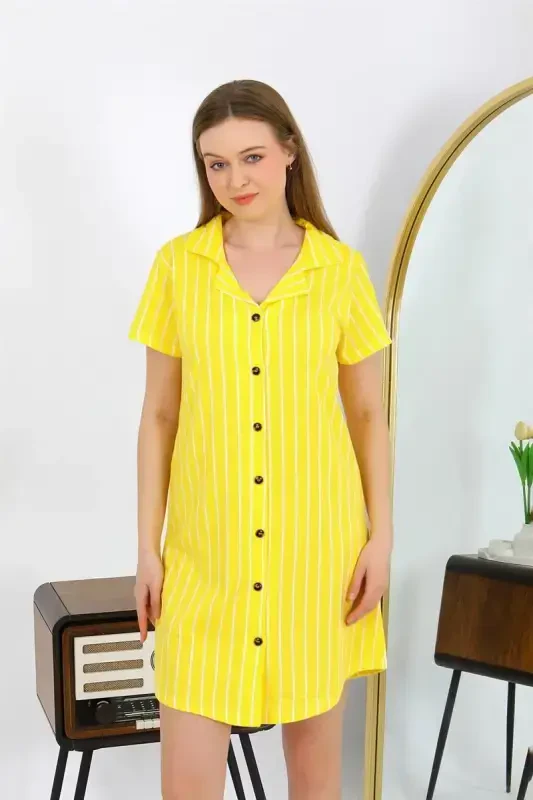 Akbeniz Women's Cotton Jersey Short Sleeve Buttoned Yellow Tunic Nightgown 13111 - 6