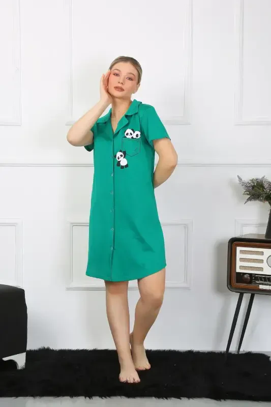 Akbeniz Women's Cotton Knit Short Sleeve Buttoned Green Tunic Nightdress 13109 - 2