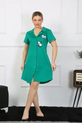 Akbeniz Women's Cotton Knit Short Sleeve Buttoned Green Tunic Nightdress 13109 - 4