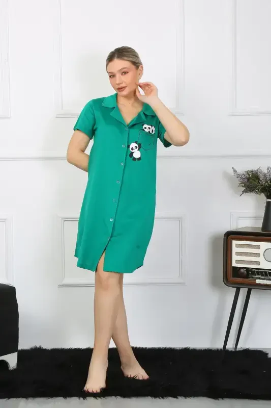 Akbeniz Women's Cotton Knit Short Sleeve Buttoned Green Tunic Nightdress 13109 - 5