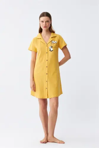 Akbeniz Women's Cotton Knitted Short Sleeve Buttoned Yellow Tunic Nightgown 13109 