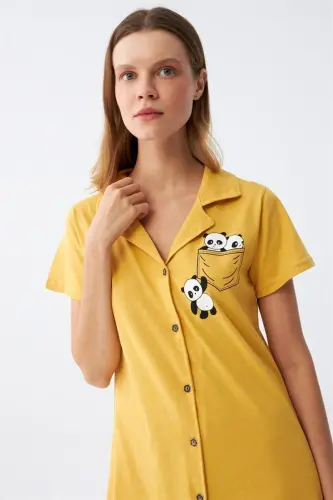 Akbeniz Women's Cotton Knitted Short Sleeve Buttoned Yellow Tunic Nightgown 13109 - 4