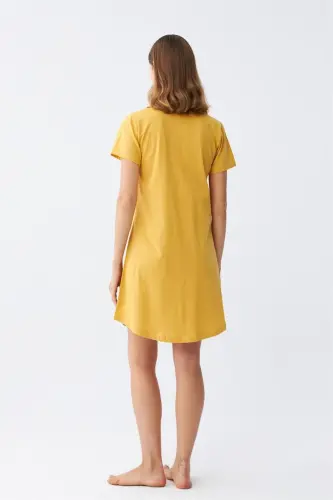 Akbeniz Women's Cotton Knitted Short Sleeve Buttoned Yellow Tunic Nightgown 13109 - 6