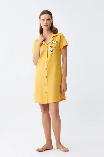 Akbeniz Women's Cotton Knitted Short Sleeve Buttoned Yellow Tunic Nightgown 13109 - AKBENIZ (1)