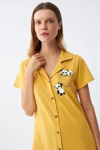 Akbeniz Women's Cotton Knitted Short Sleeve Buttoned Yellow Tunic Nightgown 13109 - 4