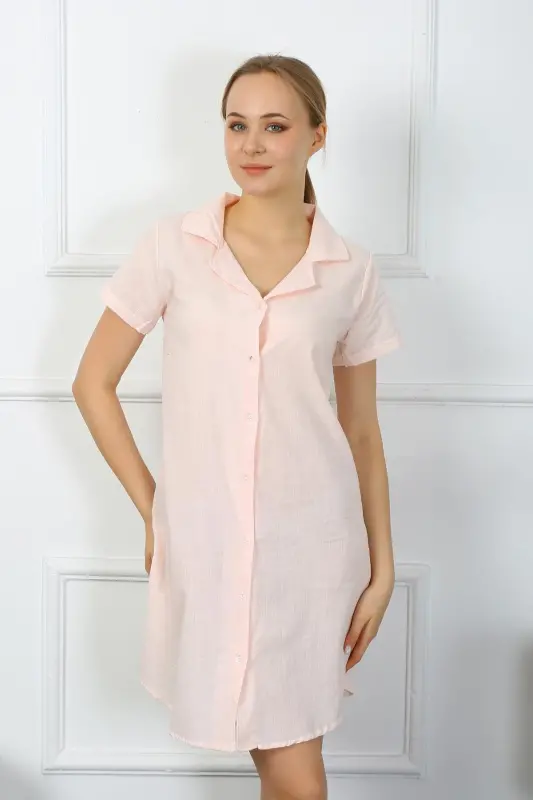 Akbeniz Women's Cotton Linen Short Sleeve Buttoned Powder Tunic Nightdress 13108 - AKBENIZ