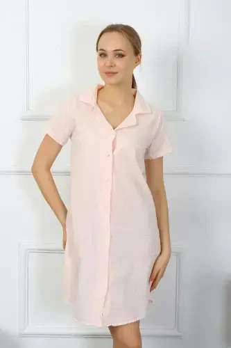 Akbeniz Women's Cotton Linen Short Sleeve Buttoned Powder Tunic Nightdress 13108 - 1