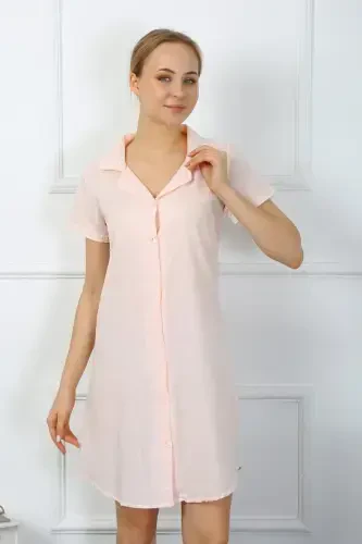 Akbeniz Women's Cotton Linen Short Sleeve Buttoned Powder Tunic Nightdress 13108 - 5