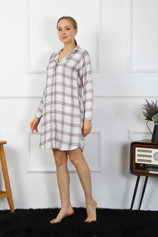 Akbeniz Women's Cotton Long Sleeve Buttoned Beige Tunic Nightdress 13102 - 1