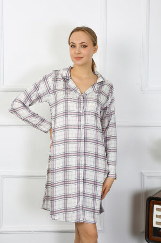 Akbeniz Women's Cotton Long Sleeve Buttoned Beige Tunic Nightdress 13102 - 2