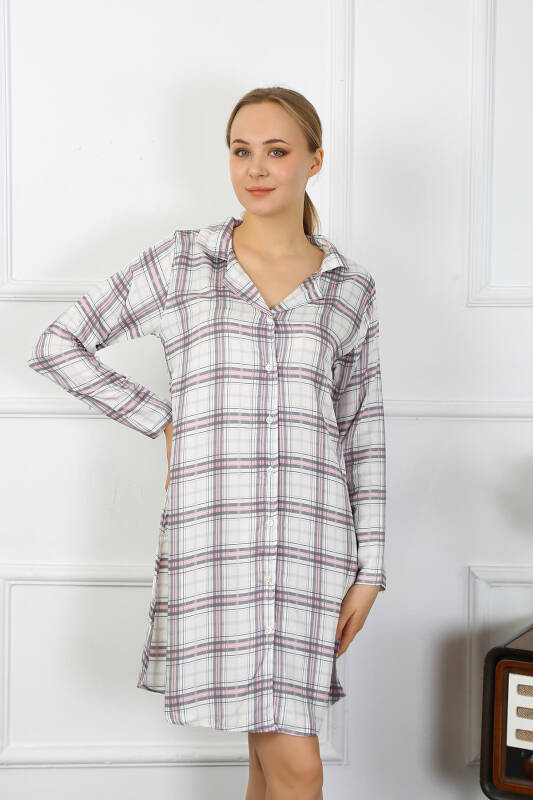 Akbeniz Women's Cotton Long Sleeve Buttoned Beige Tunic Nightdress 13102 - 2