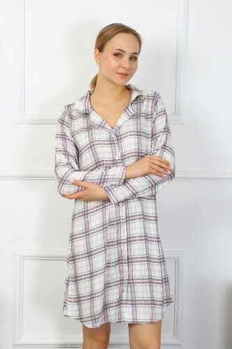 Akbeniz Women's Cotton Long Sleeve Buttoned Beige Tunic Nightdress 13102 - 3