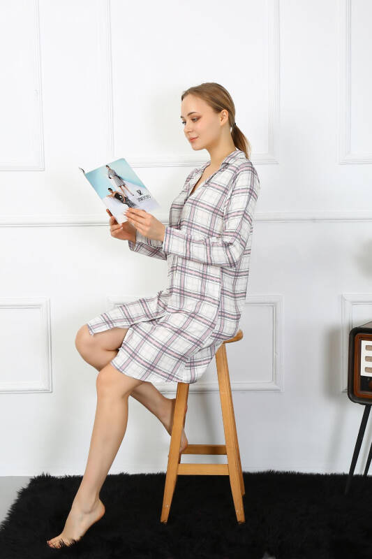 Akbeniz Women's Cotton Long Sleeve Buttoned Beige Tunic Nightdress 13102 - 4