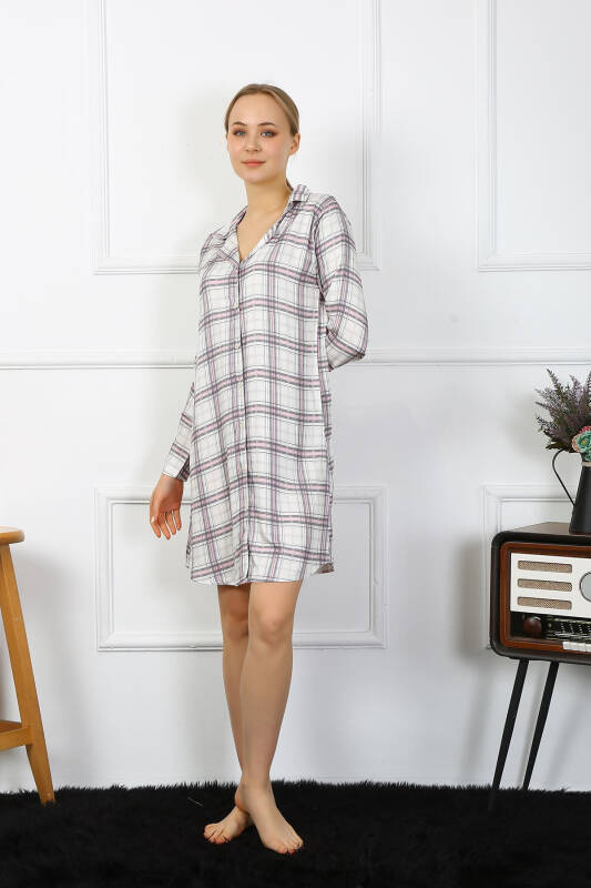 Akbeniz Women's Cotton Long Sleeve Buttoned Beige Tunic Nightdress 13102 - 6