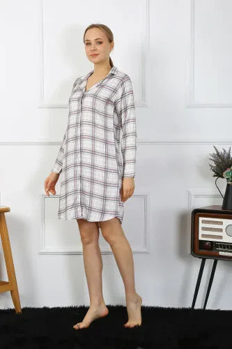 Akbeniz Women's Cotton Long Sleeve Buttoned Beige Tunic Nightdress 13102 - Akbeniz