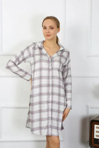 Akbeniz Women's Cotton Long Sleeve Buttoned Beige Tunic Nightdress 13102 - Akbeniz (1)