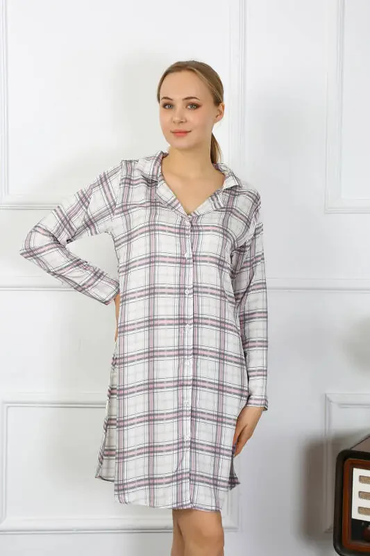 Akbeniz Women's Cotton Long Sleeve Buttoned Beige Tunic Nightdress 13102 - 2