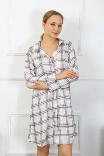 Akbeniz Women's Cotton Long Sleeve Buttoned Beige Tunic Nightdress 13102 - 3