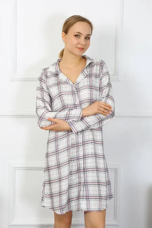 Akbeniz Women's Cotton Long Sleeve Buttoned Beige Tunic Nightdress 13102 - 3