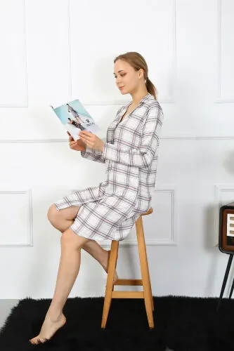 Akbeniz Women's Cotton Long Sleeve Buttoned Beige Tunic Nightdress 13102 - 4