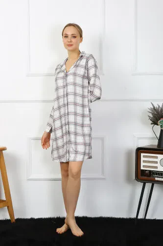 Akbeniz Women's Cotton Long Sleeve Buttoned Beige Tunic Nightdress 13102 - 6
