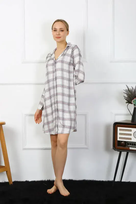 Akbeniz Women's Cotton Long Sleeve Buttoned Beige Tunic Nightdress 13102 - 6