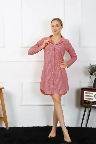 Akbeniz Women's Cotton Long Sleeve Buttoned Tunic Nightgown 13101 - 2