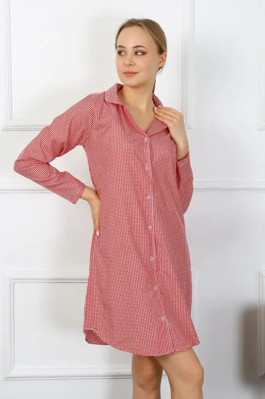 Akbeniz Women's Cotton Long Sleeve Buttoned Tunic Nightgown 13101 - 7