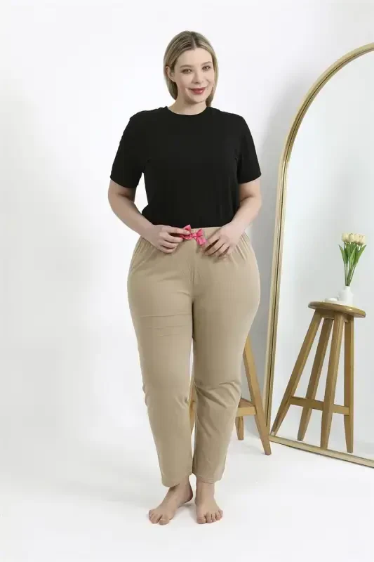 Akbeniz Women's Cotton Plus Size Bottom Pajamas 27559 Beige - 5