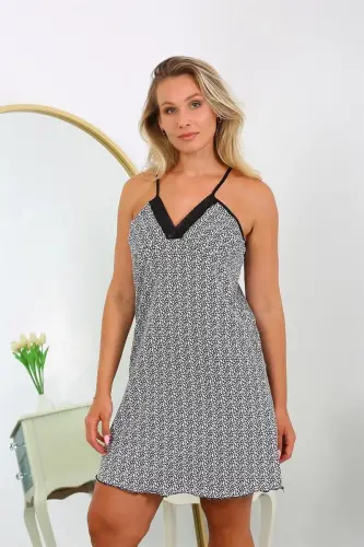 Akbeniz Women's Cotton Spaghetti Strap Patterned Plus Size Nightgown 999 White - 1