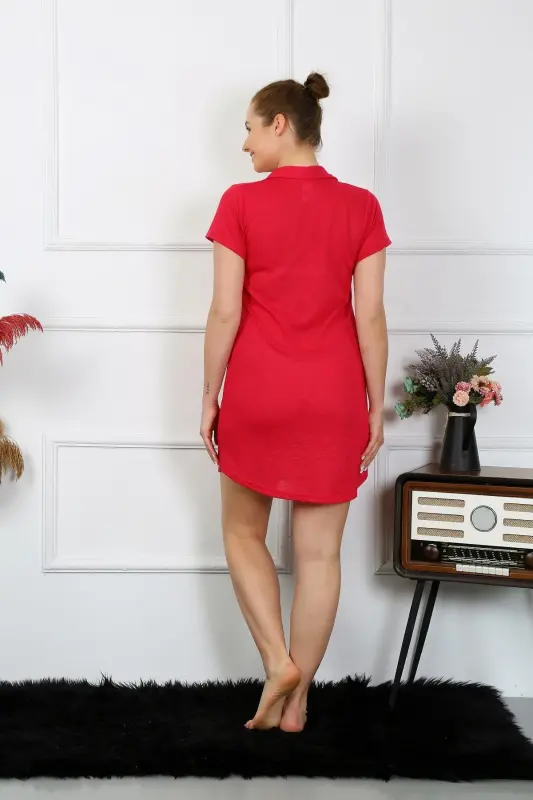 Akbeniz Women's Cotton Woven Short Sleeve Buttoned Red Tunic Nightdress 13110 - 4