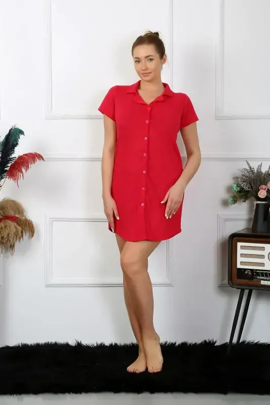 Akbeniz Women's Cotton Woven Short Sleeve Buttoned Red Tunic Nightdress 13110 - 3