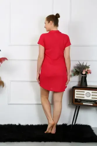 Akbeniz Women's Cotton Woven Short Sleeve Buttoned Red Tunic Nightdress 13110 - 4