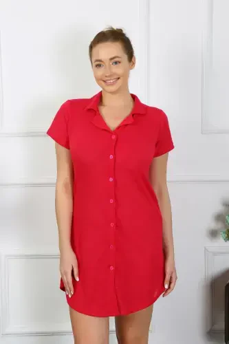Akbeniz Women's Cotton Woven Short Sleeve Buttoned Red Tunic Nightdress 13110 - 5