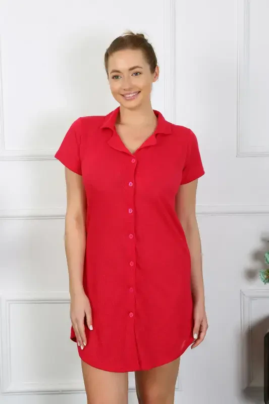 Akbeniz Women's Cotton Woven Short Sleeve Buttoned Red Tunic Nightdress 13110 - 5