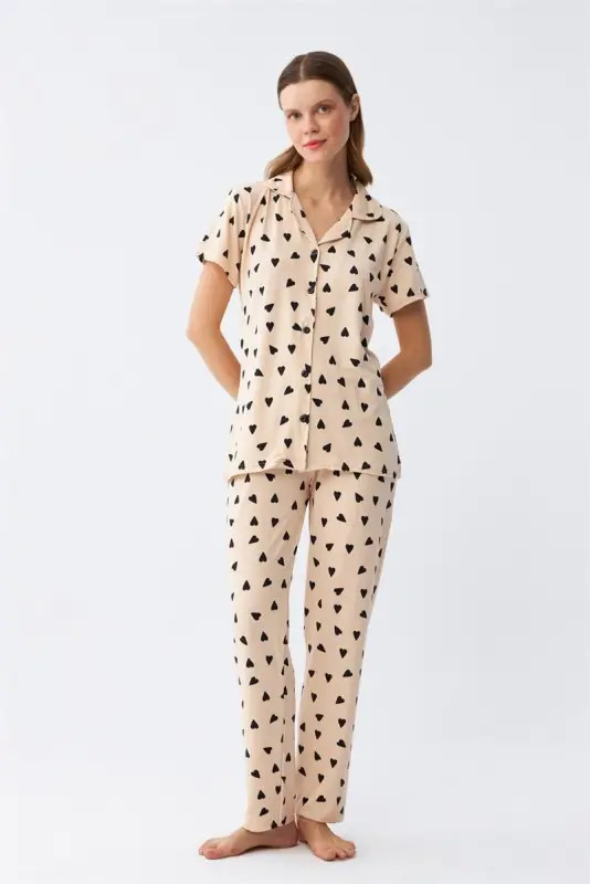 Akbeniz Women's Cream Color Heart Patterned Front Buttoned Pajama Set - 3
