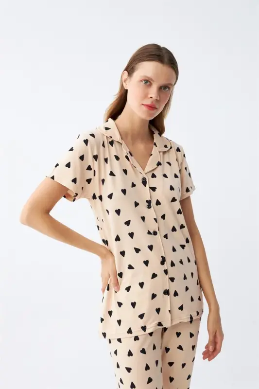 Akbeniz Women's Cream Color Heart Patterned Front Buttoned Pajama Set - 4