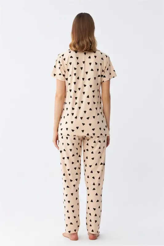 Akbeniz Women's Cream Color Heart Patterned Front Buttoned Pajama Set - 6