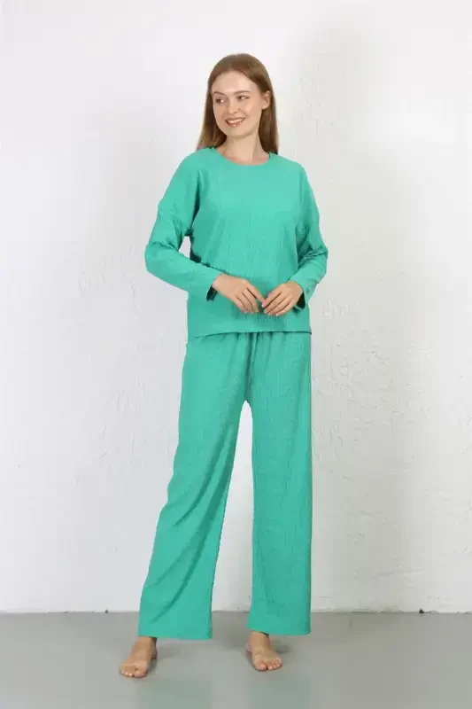 Akbeniz Women's Crinkle Fabric Pajama Set Green 4233 - 2