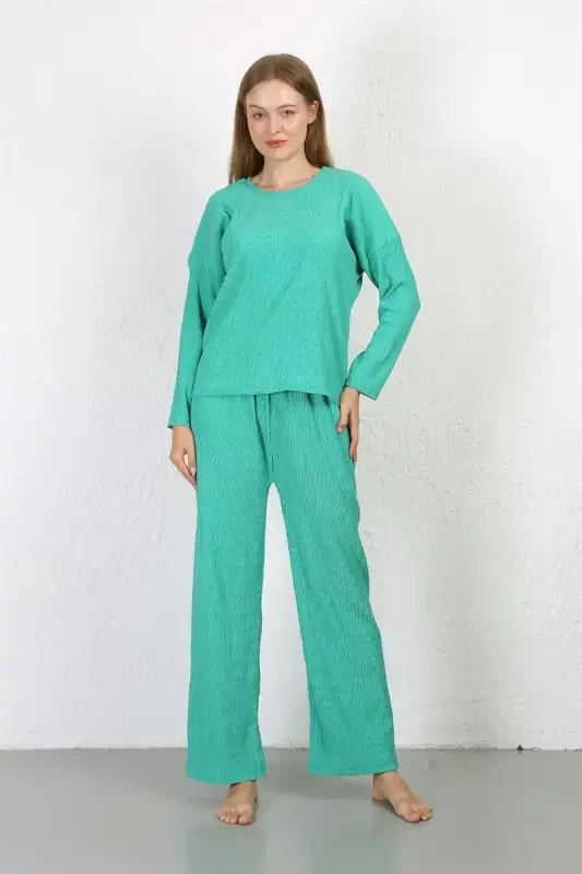 Akbeniz Women's Crinkle Fabric Pajama Set Green 4233 - 6