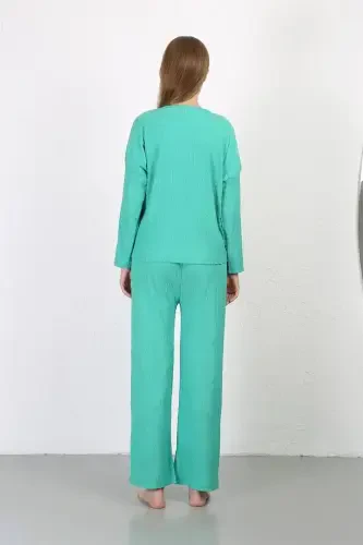 Akbeniz Women's Crinkled Fabric Pajama Set Green 4233 - 5