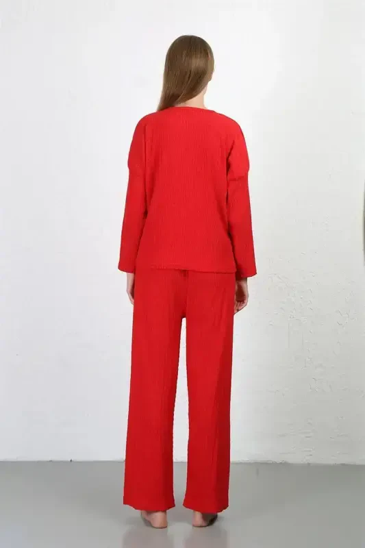 Akbeniz Women's Crinkled Fabric Pajama Set Red 4233 - 4