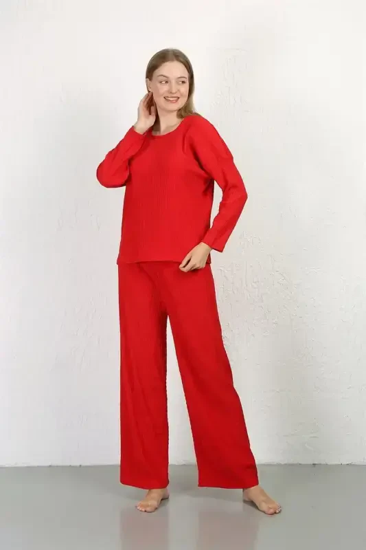 Akbeniz Women's Crinkled Fabric Pajama Set Red 4233 - 6