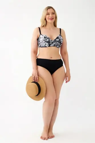 Akbeniz Women's Daisy Patterned Gray Plus Size Bikini Set - 1