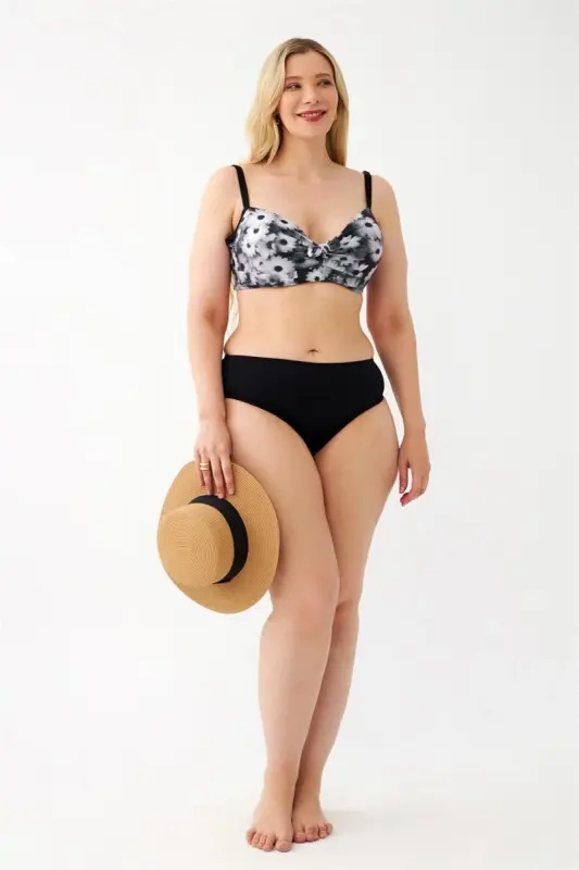 Akbeniz Women's Daisy Patterned Gray Plus Size Bikini Set - AKBENIZ