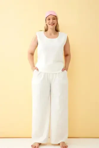 Akbeniz Women's Ecru Linen Jacquard Plus Size Set - 4