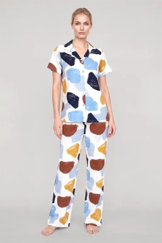 Akbeniz Women's Ecru Patterned Classic Shirt Collar Pajama Set - 1