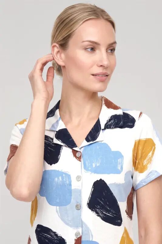 Akbeniz Women's Ecru Patterned Classic Shirt Collar Pajama Set - 2