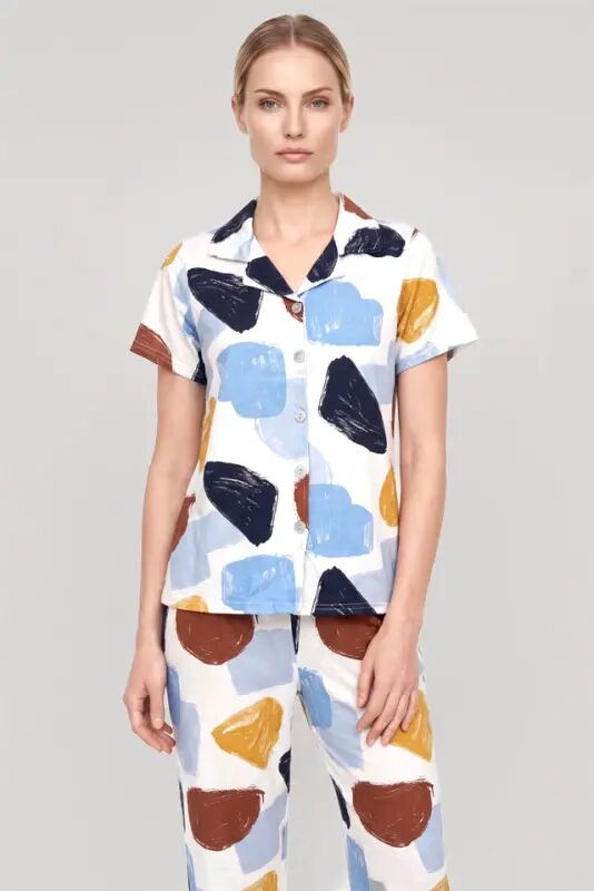 Akbeniz Women's Ecru Patterned Classic Shirt Collar Pajama Set - 3