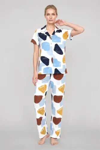 Akbeniz Women's Ecru Patterned Classic Shirt Collar Pajama Set - 4